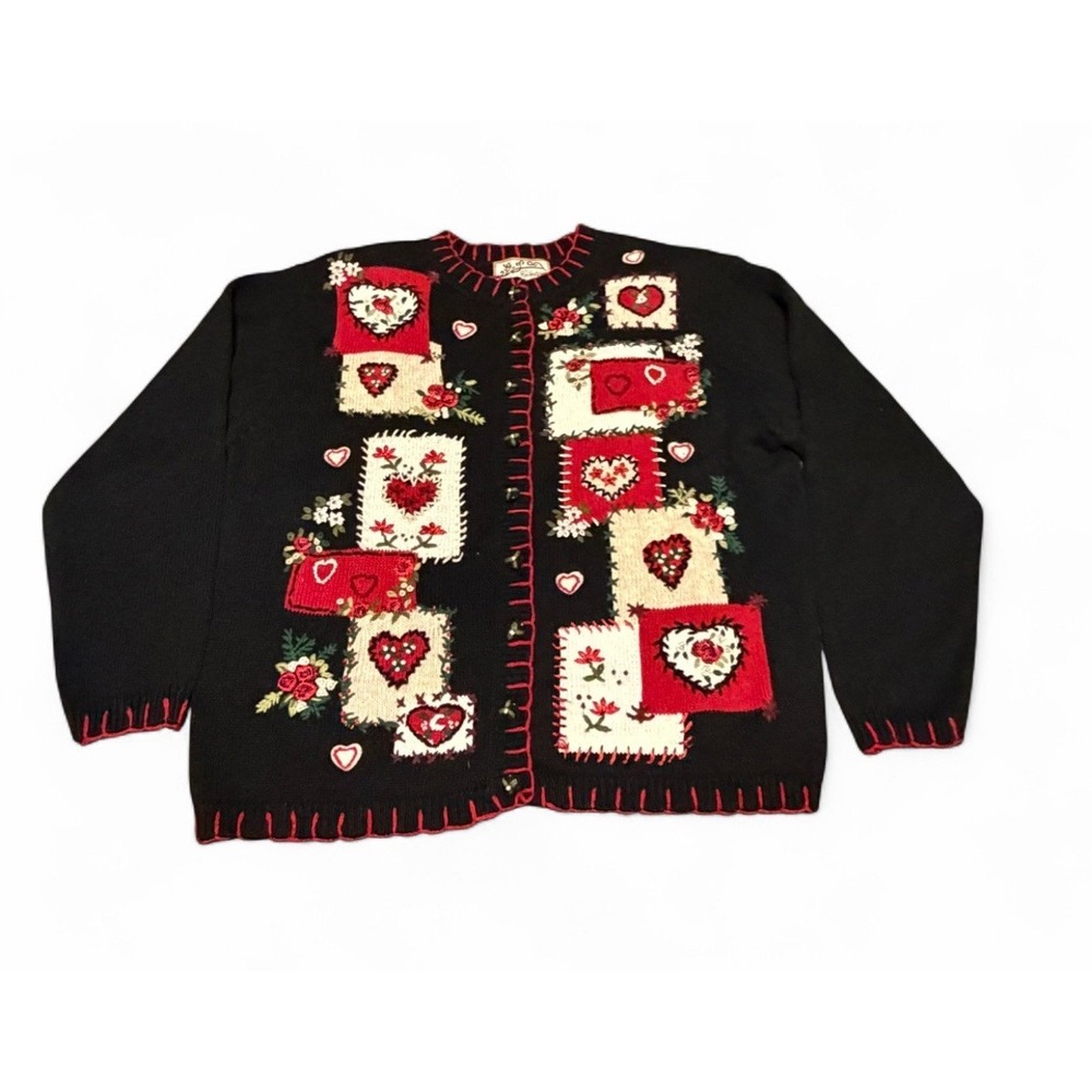 Heirloom Collectibles 2003 Women's L Heart Cardigan Sweater Black Red Cottagecor